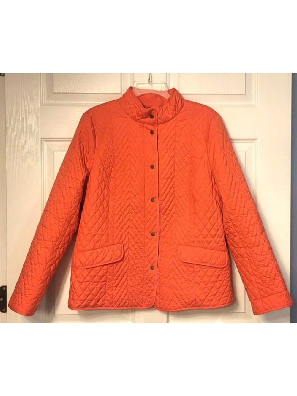 Womens Talbots Orange Quilted Barn Jacket L Snap Close Collar Pockets Chore